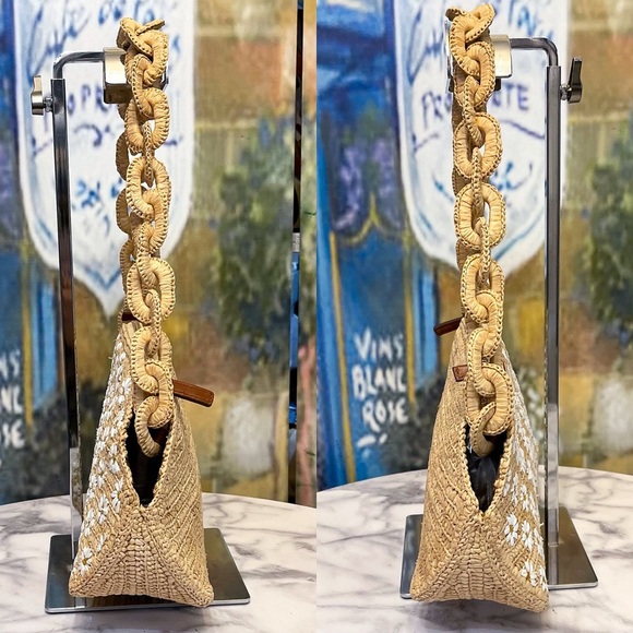 Sézane Isabelle Raffia Embroidered Daisy Bag Chain Flowers Cream White EUC - Picture 3 of 12